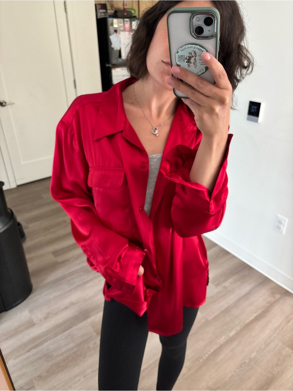 Laura Scott Red Satin Button-Front Blouse